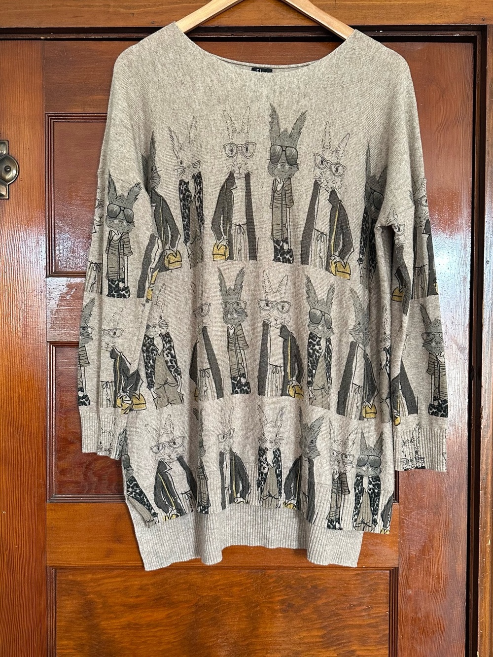 Shana Novelty Rabbit Animal Print Lightweight Sweater Sz XL Teacher Chic Quirky
